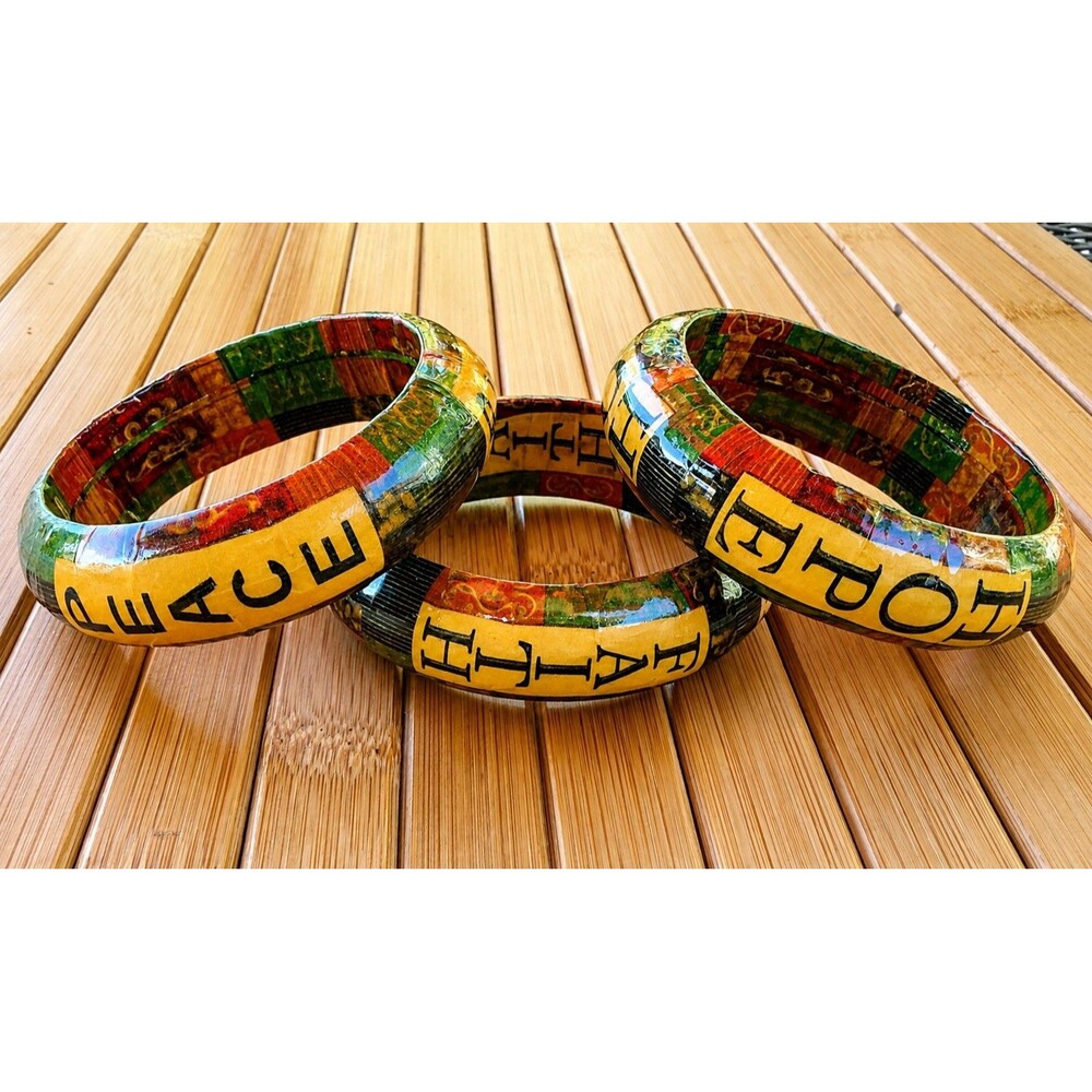 Vintage Handcrafted Decoupage Resin Bangle Bracelets Faith Hope & Peace Set of 3